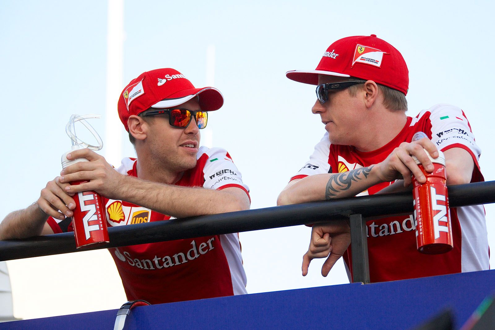 Team-mates in balance: Ferrari drivers Sebastian Vettel and Kimi Raikkonen, Bahrain Grand Prix, 2015