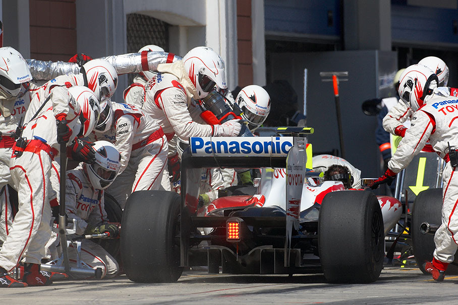 Timo Glock arrives at Panasonic Toyota pits