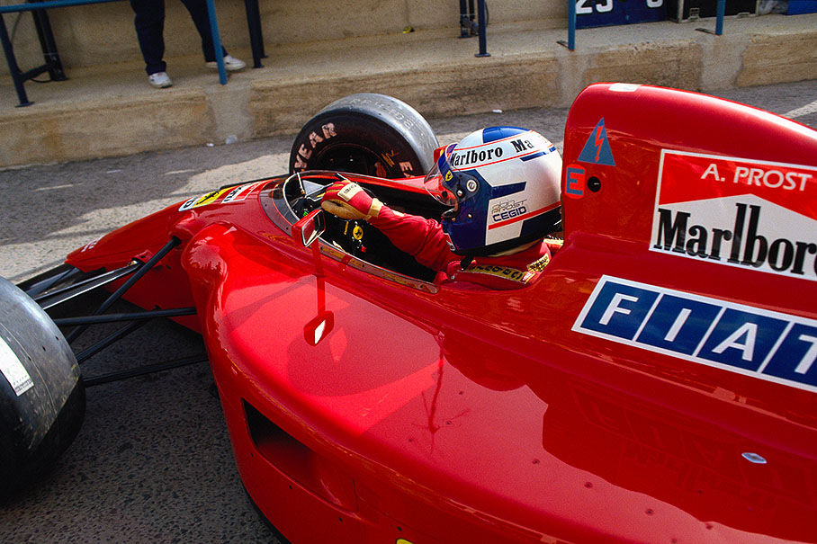 Alain Prost, Ferrari, driving out of the pits during practice