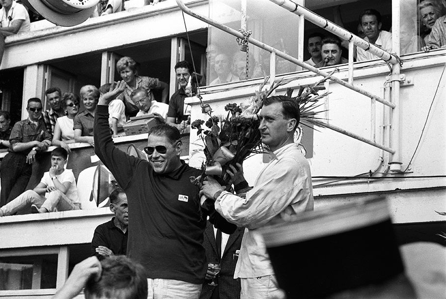 Le Mans 24h 1965 - podium ceremony with Herbert Linge and Peter Noecker, winner in the GT class up to 2000cc with a Porsche 904/6