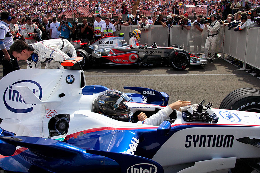 Parc fermé after qualifying, second-timed Hamilton and third Nick Heidfeld