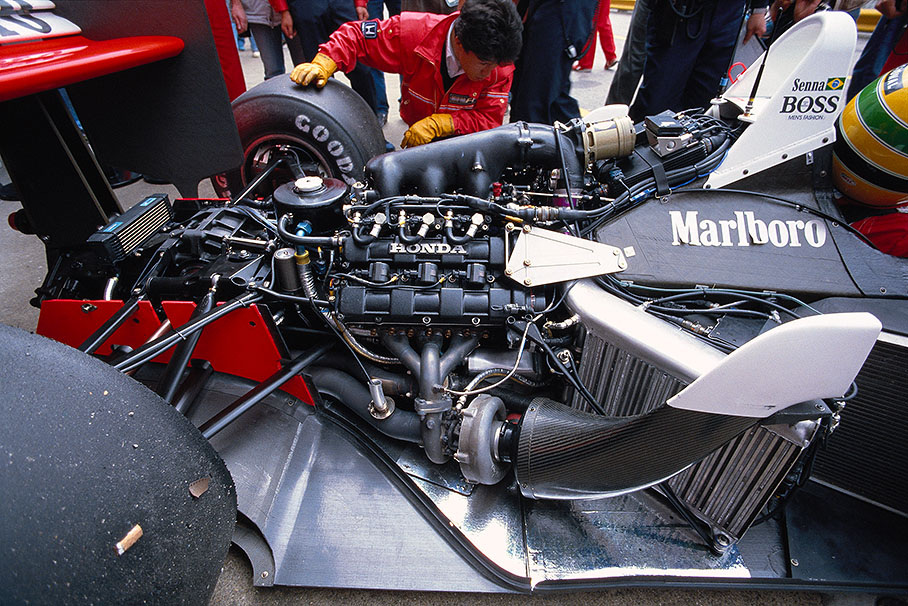 The RA168E, Honda's 1.5-litre V6 turbo engine in Senna's McLaren MP4/4