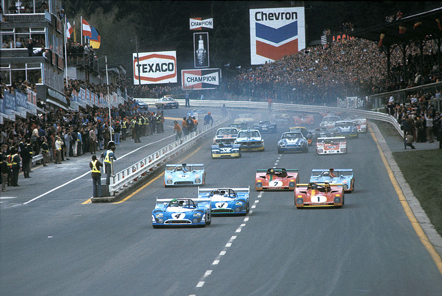The start of the 1000km Spa 1973, the Matra-Simca MS670B 03 of Henri Pescarolo (F) on first position in front of team mate Chris Amon (NZ) on Matra-Simca MS670B 01