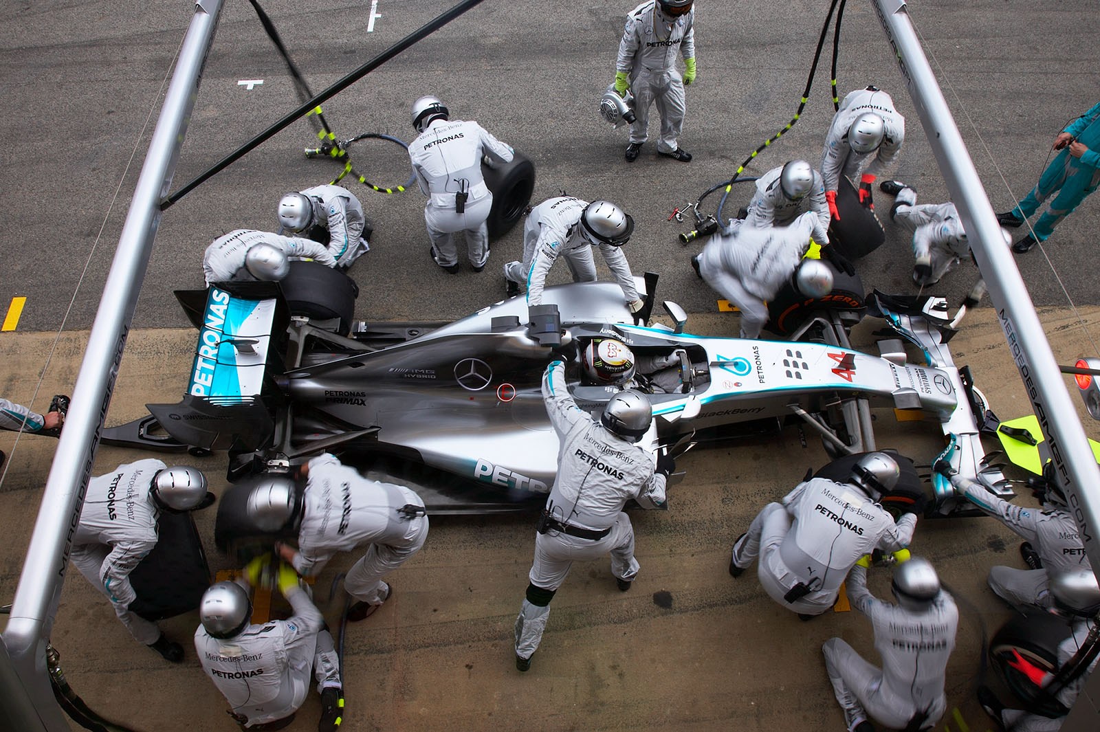 Race leader Lewis Hamilton, Mercedes, makes his last stop for prime tyres, lap 43, Spanish Grand Prix, Barcelona, 2014