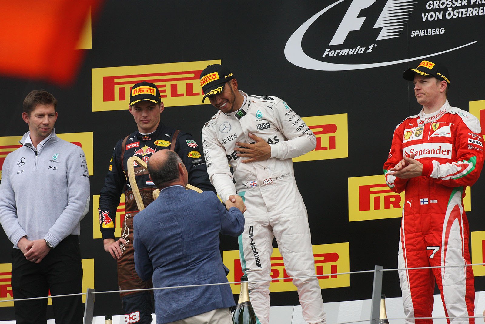 Podium ceremony with Max Verstappen, race winner Lewis Hamilton and Kimi Raikkonen, Spielberg, Austrian Grand Prix, 2016