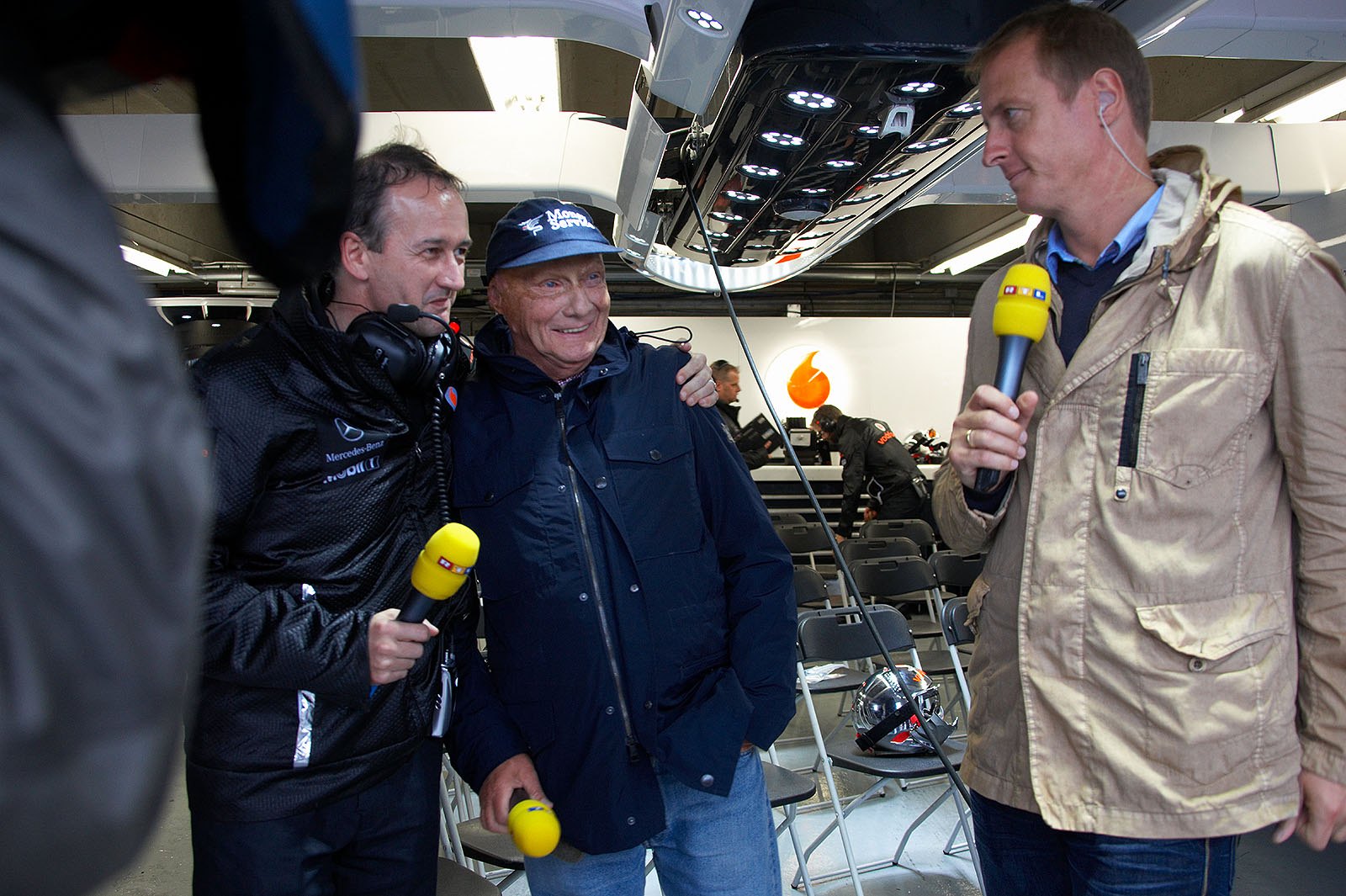 Niki Lauda jokes around in the McLaren pits