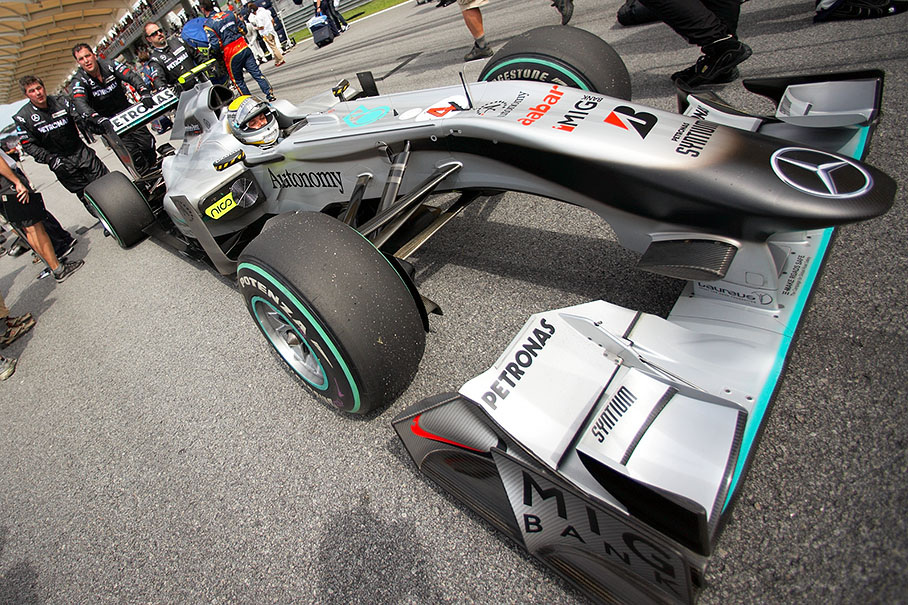 Nico Rosberg, Mercedes GP, is being pushed to his marvelous second grid position