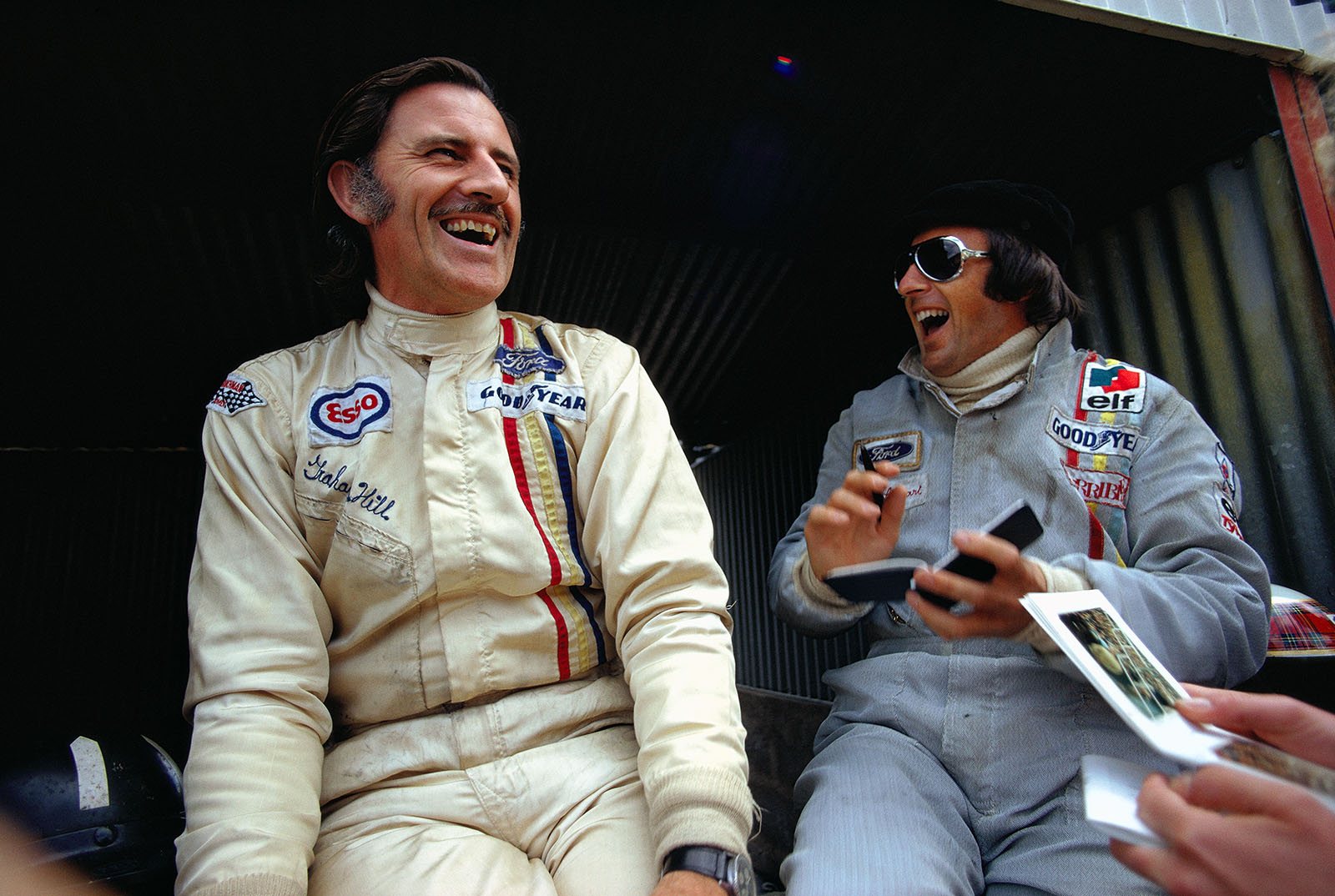 Graham Hill and Jackie Stewart having fun together, French Grand Prix, 1972