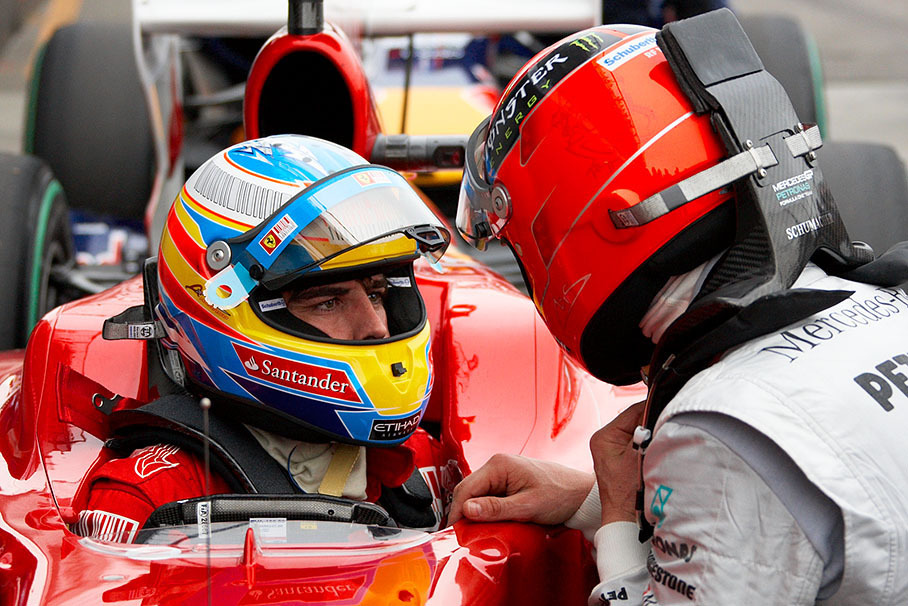 Schumacher interrogates Alonso after Q3 in parc ferme about seemingly holding Michael up during his flying lap
