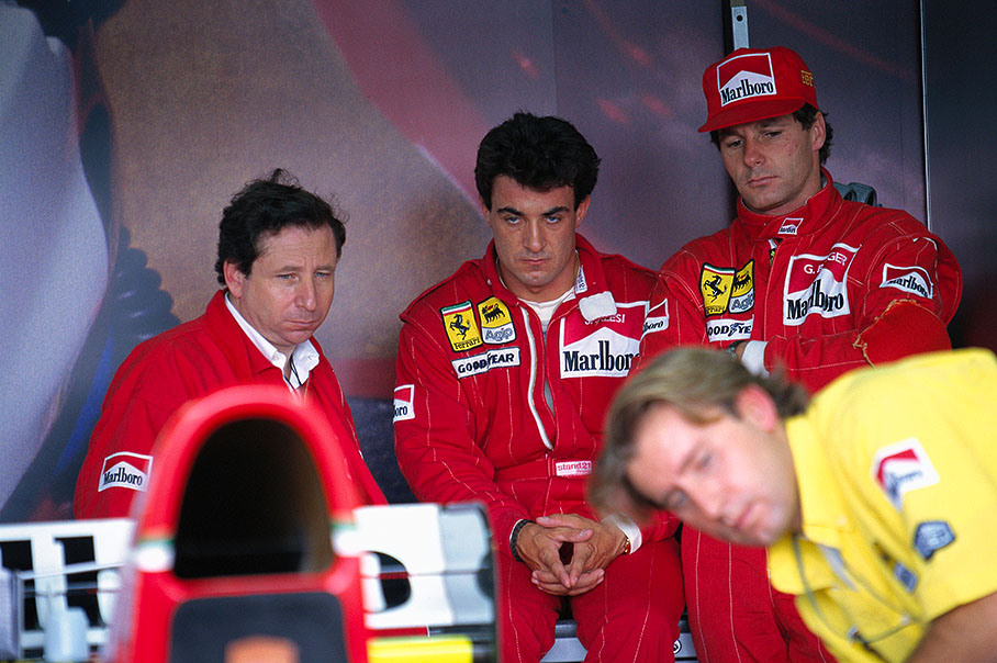 Jean Todt in the Ferrari garage with Jean Alesi and Gerhard Berger