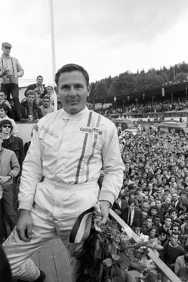 Winner Bruce McLaren on the podium of the Belgian GP, Spa-Francorchamps 1968
