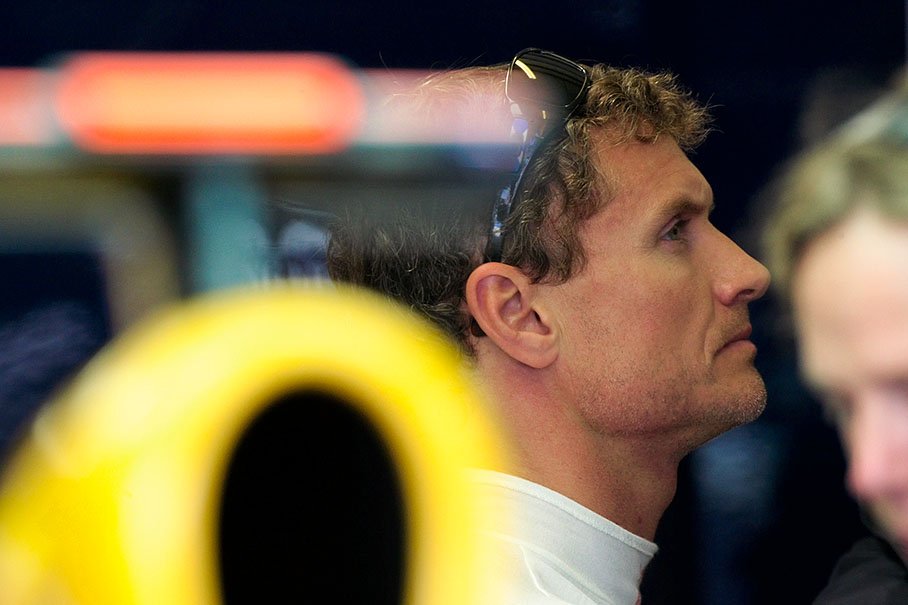 A thoughtful David Coulthard in Red Bull pits