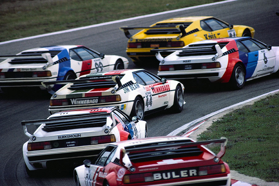 Start for the BMW M1 procar series: Piquet (no. 6), Winkelhock (yellow car), Hezemans (no. 99), Hoettinger (Winnebago BMW), Bleekemolen and Surer (Buler BMW).