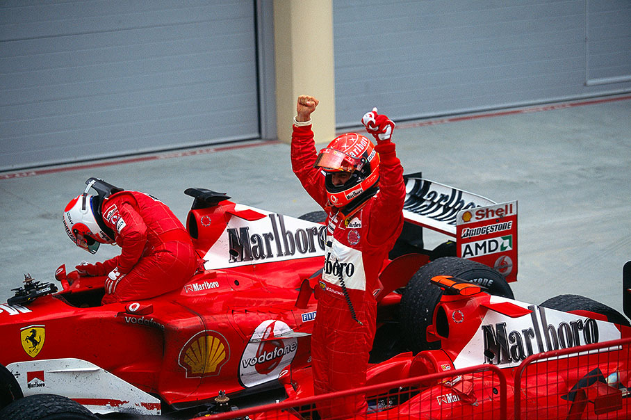 Winning Ferrari team: Michael Schumacher and Rubens Barrichello in parc ferme