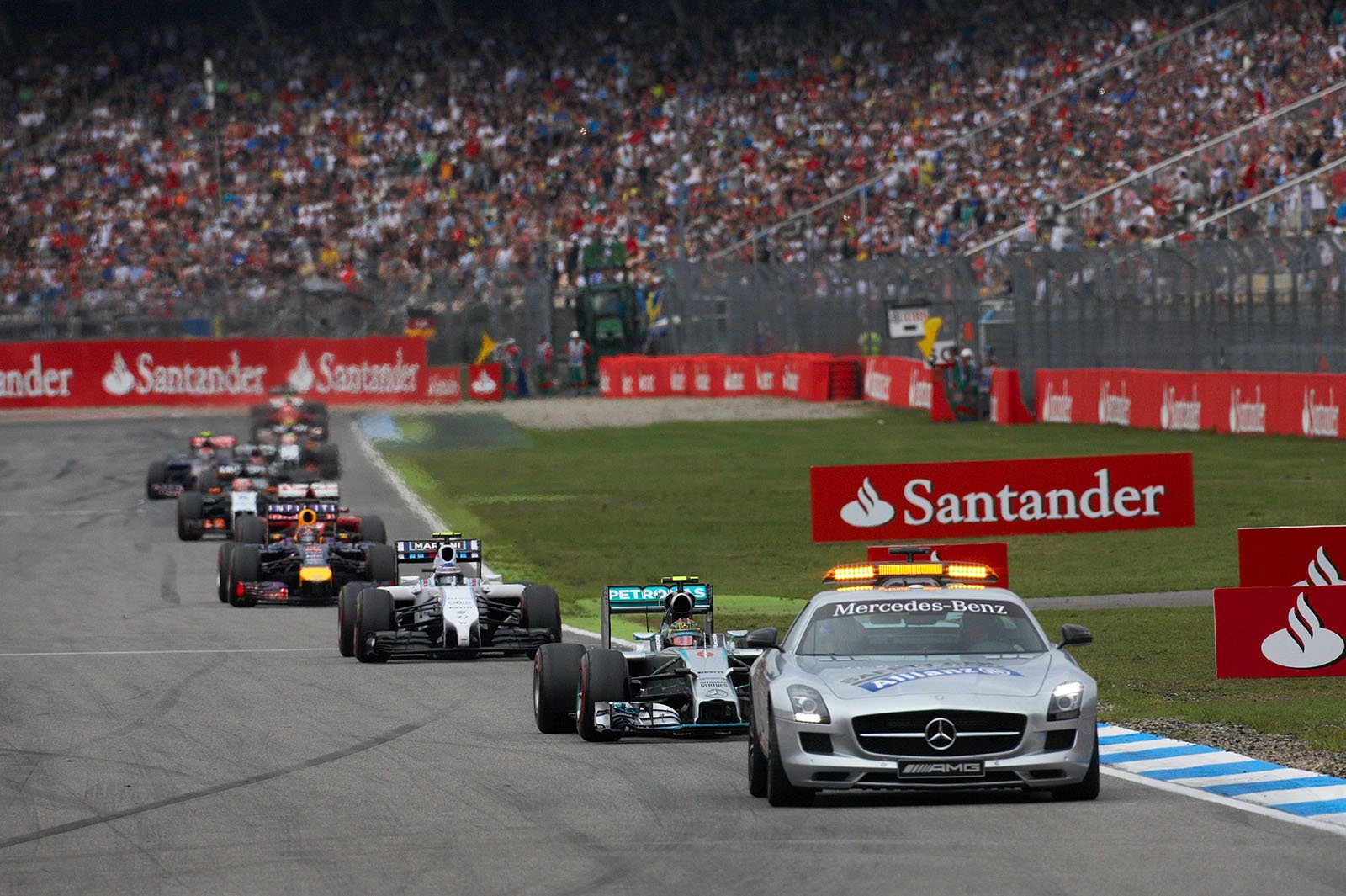 The safety car is out for two laps. Nico Rosberg, Mercedes, in the lead, followed by Bottas, Vettel, Alonso and Hulkenberg, Hockenheim, German Grand Prix, 2014