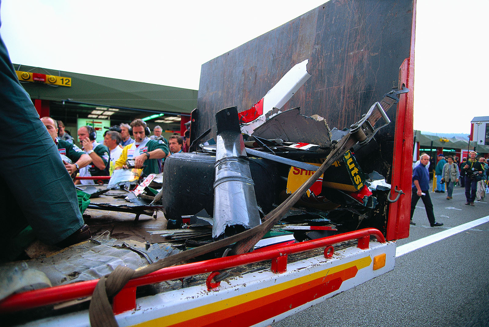 Debris of Alex Zanardi's Lotus. The Italian driver had a huge accident on Friday morning and hit the wall in Eau Rouge corner almost head-on. He will not start for the Grand Prix.