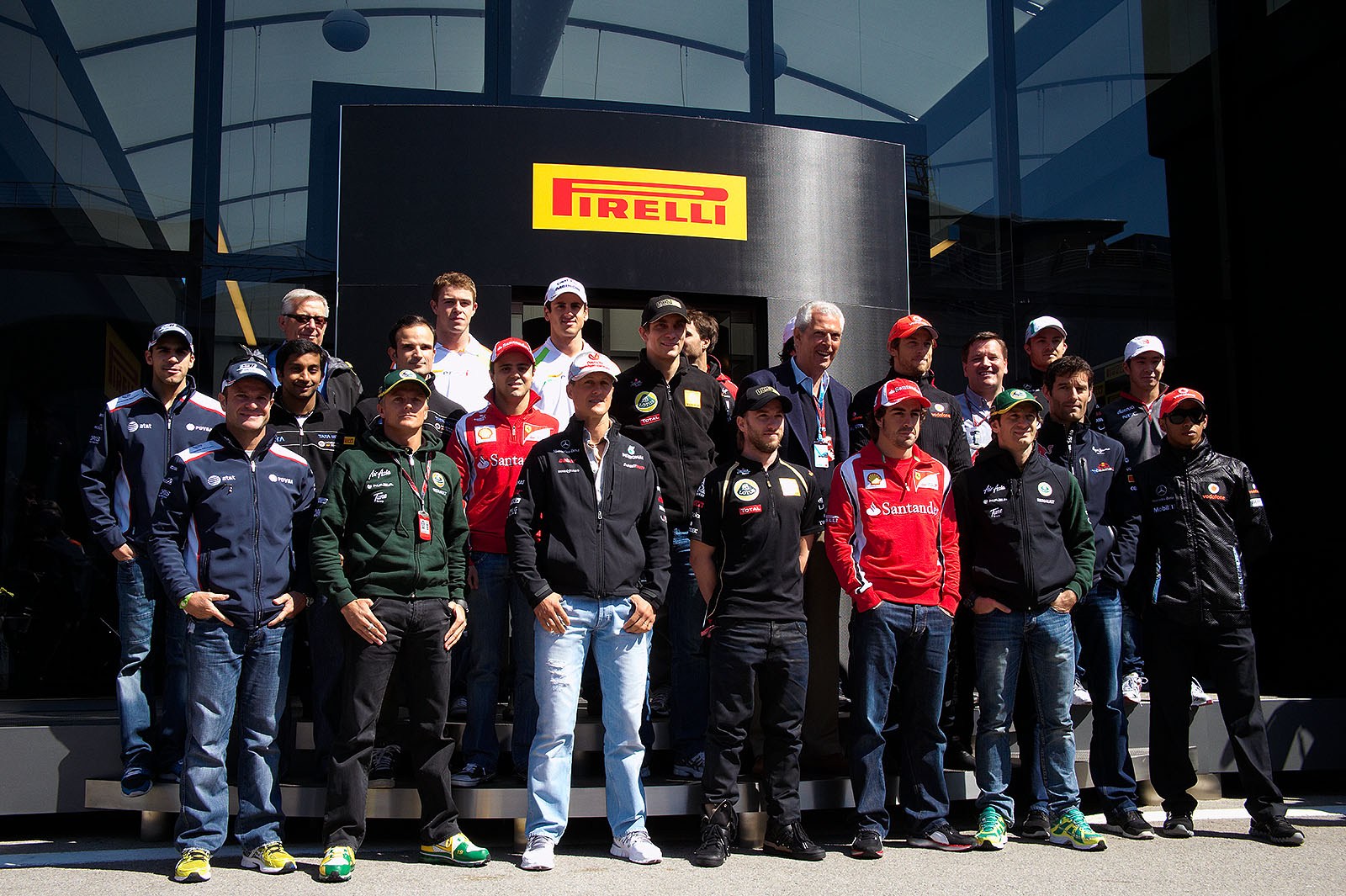 All the F1 drivers stand still for a photo shooting in front of the Pirelli motorhome with Pirelli's President Marco Tronchetti