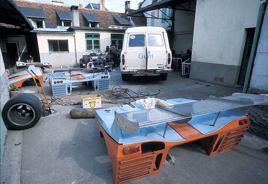 Working space in front of Gulf Research Racing's hired garage