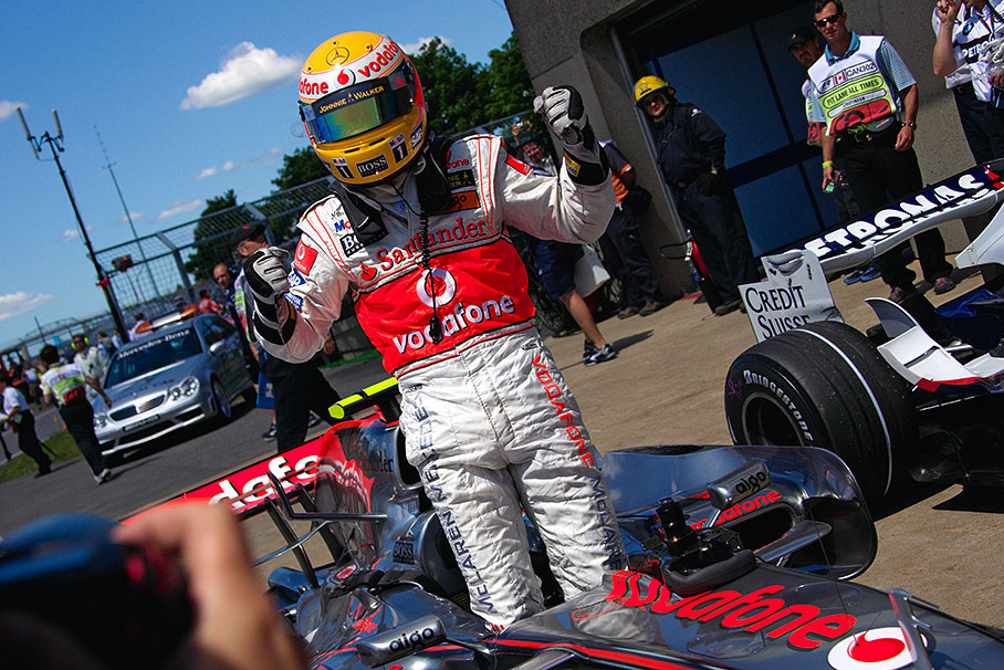 Lewis Hamilton celebrates his first F1 pole position