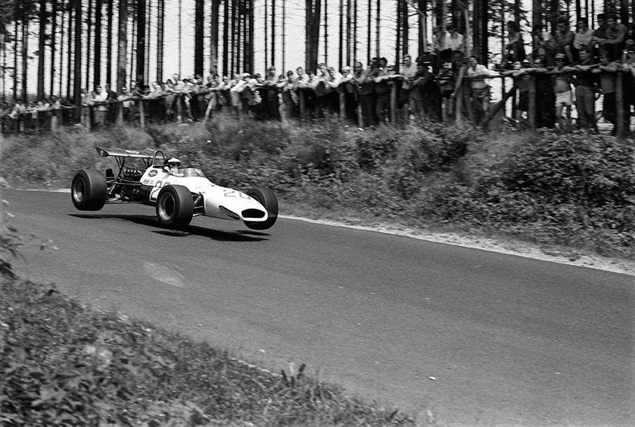 Kurt Ahrens jumping with his Brabham-Repco BT24 V8 at Nuerburgring "Bruennchen"
