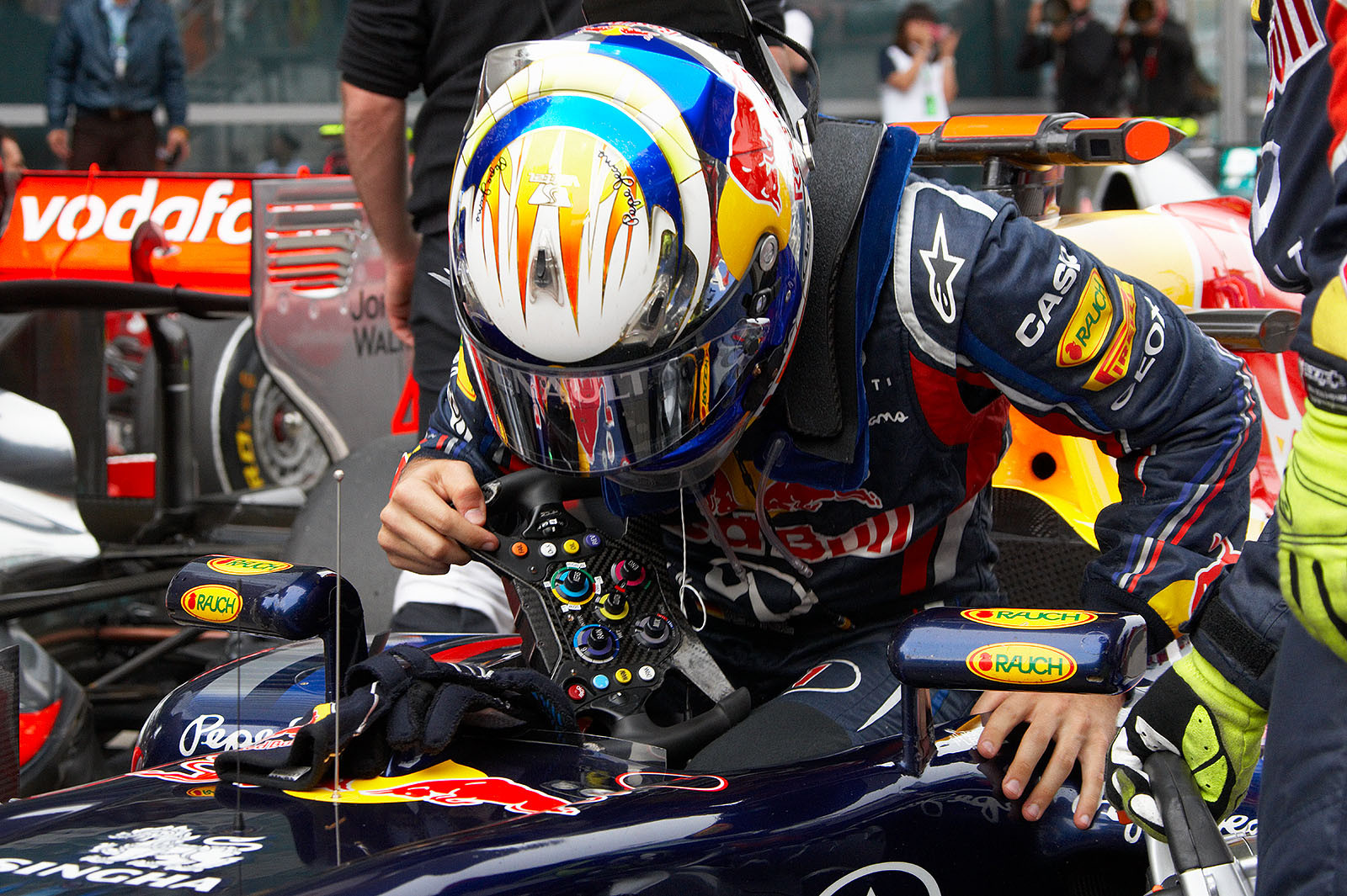 Red Bull's polesitter Sebastian Vettel in parc ferme after Q3