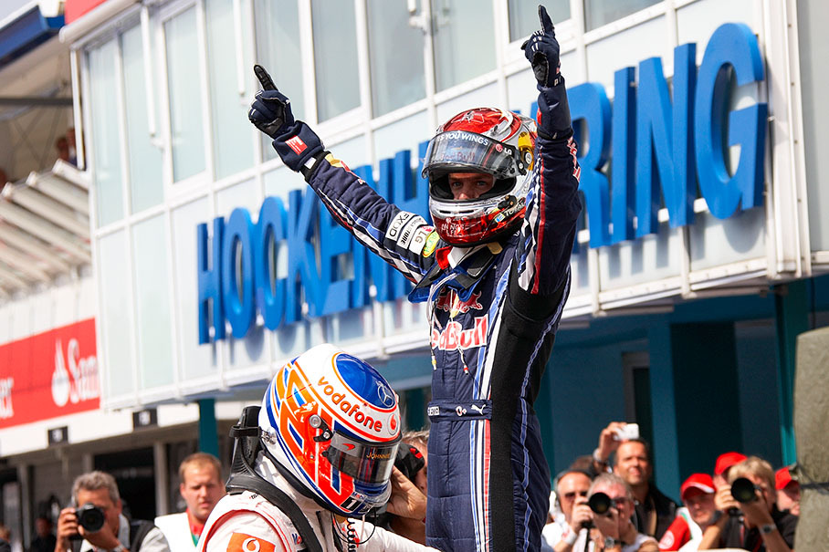 Polesitter Sebastian Vettel celebrates in Hockenheim's parc ferme
