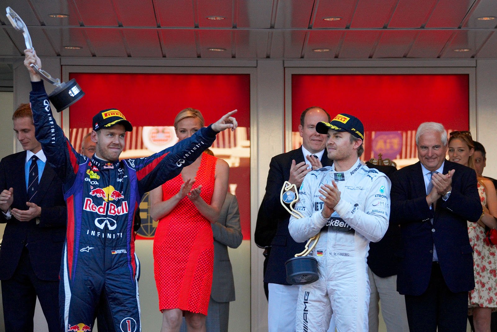 Second placed Sebastian Vettel of Red Bull Racing celebrates at the rostrum