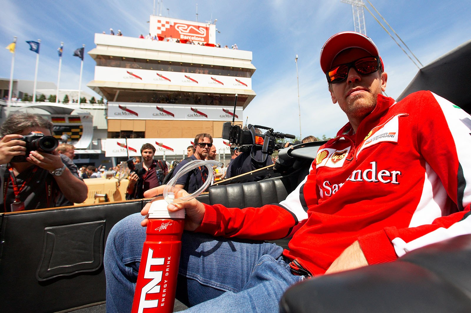 Sebastian Vettel relaxing at the drivers parade lap, Spanish Grand Prix, Barcelona, 2015