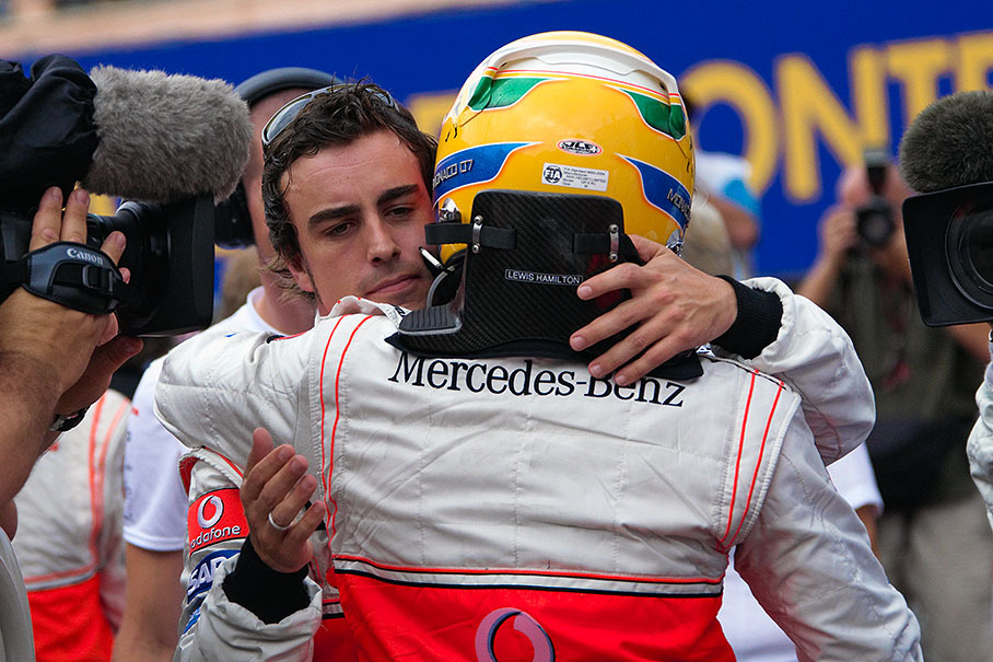 Alonso and Hamilton caress each other after setting a silver front row at Monaco grid