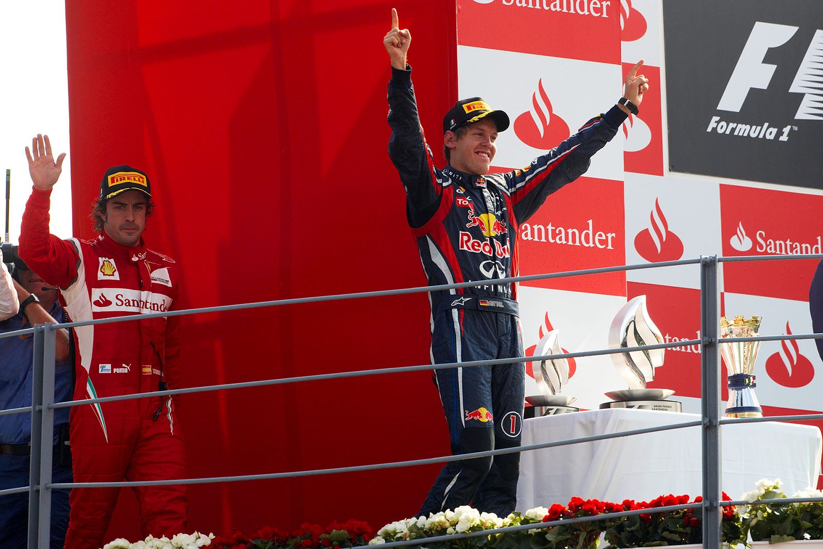 Race winner Sebastian Vettel, Red Bull Racing, celebrates on the podium after the Italian Grand Prix