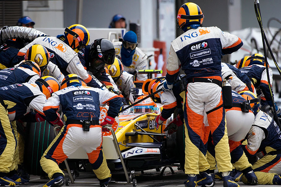 Nelson Piquet jr. is being refueled at Renault pits