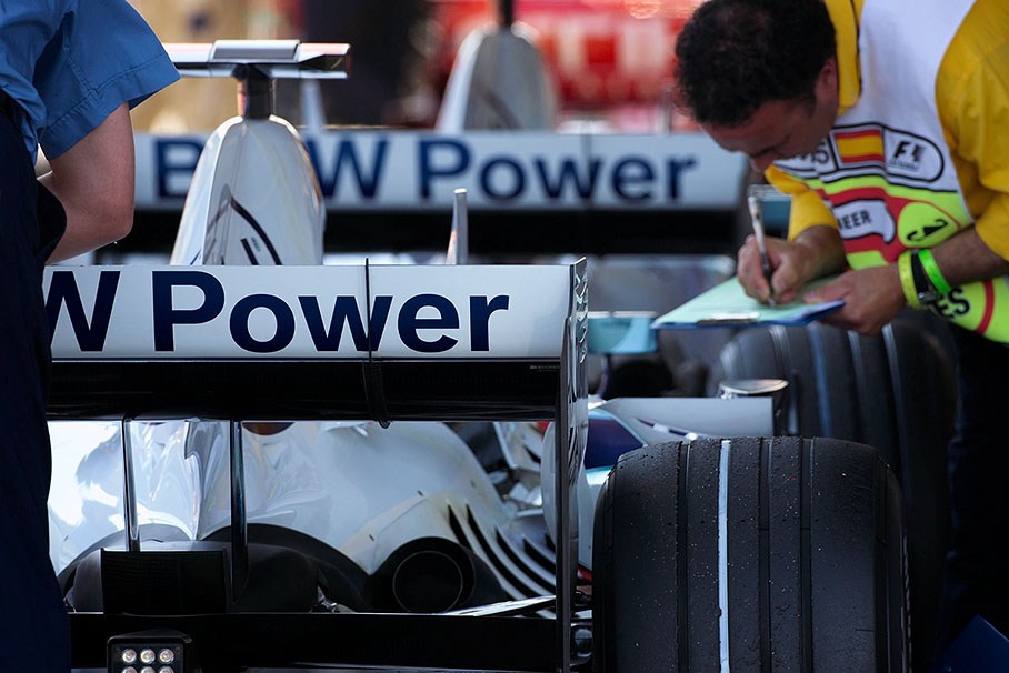 A BMW Sauber is being scrutineered by FIA officials