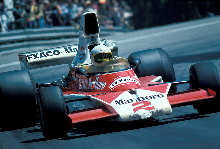 Race winner Jochen Mass on a McLaren-Cosworth M23, Spanish GP 1975