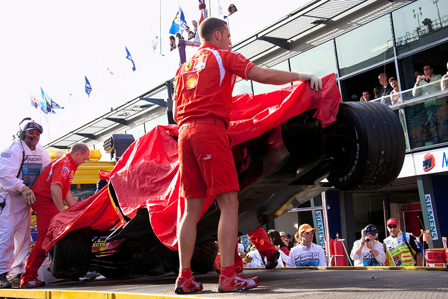 The demolished Ferrari of Felipe Massa - a result of the early start accident that took also Nico Rosberg's Williams out of the race