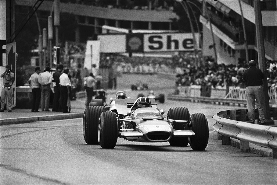 Race winner Graham Hill on Lotus-Cosworth 49B, Monaco GP 1969.