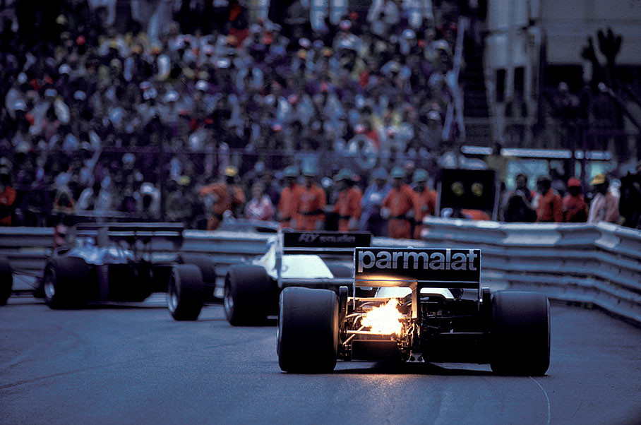 Nelson Piquet's 1.5 t/c Brabham BT52-BMW 4 turbo emits a flame, he gains second place at the Monaco GP 1983