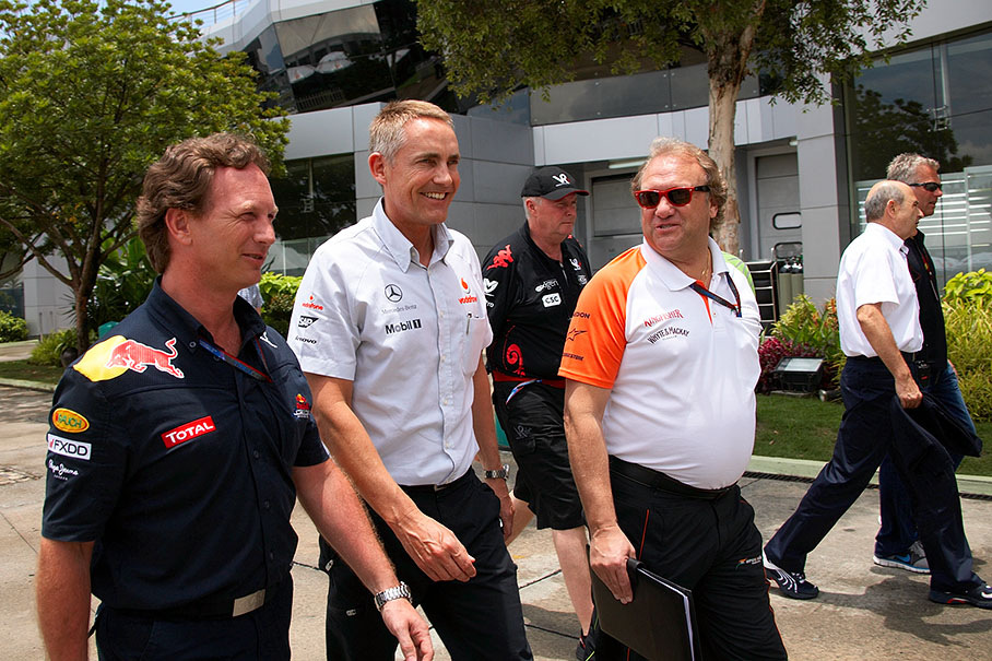 Team bosses Christian Horner (RBR), Martin Whitmarsh (McLaren) and Bob Fernley (Force India), walk through the paddock in a good mood (together with Peter Sauber and Christian Danner at the back)