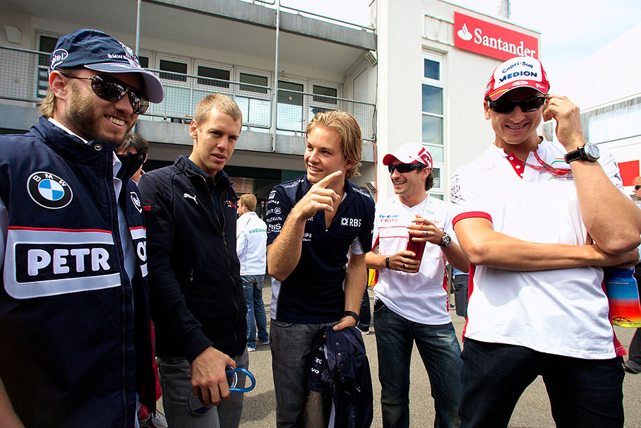 Group photo of the german F1 drivers: Nick Heidfeld, Sebastian Vettel, Nico Rosberg, Timo Glock and Adrian Sutil