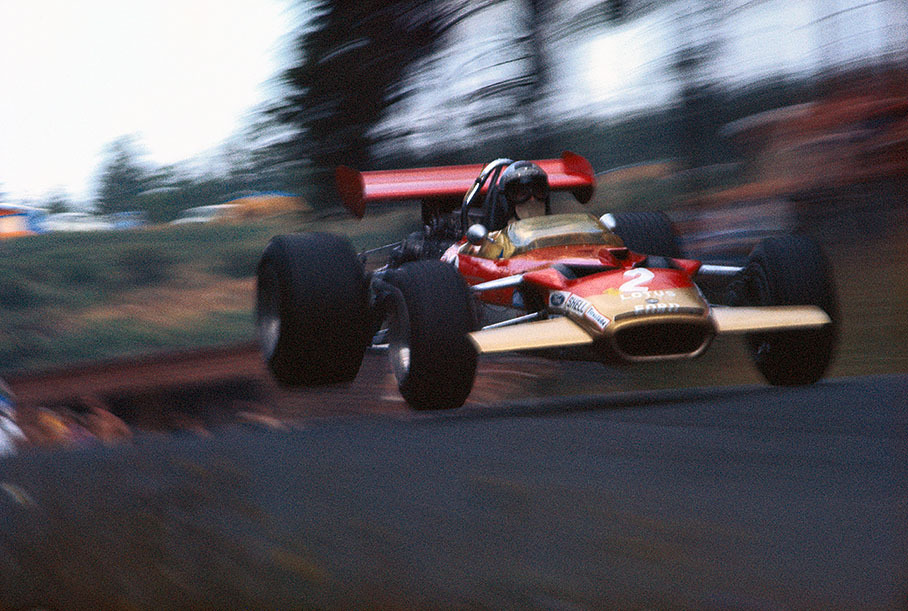 Jochen Rindt jumps with the Lotus-Cosworth 49B at Pflanzgarten, German GP Nurburgring 1969