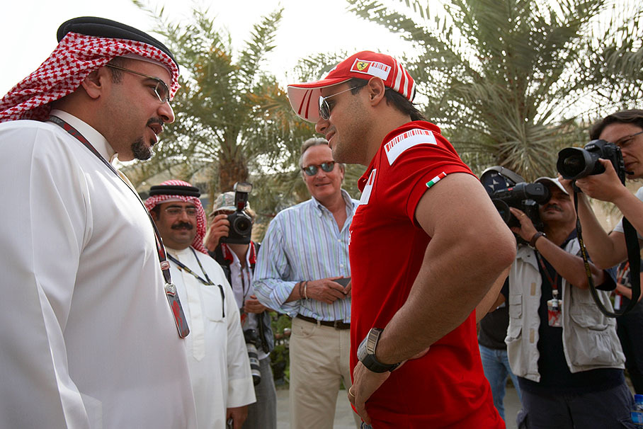 His Royal Highness Sheikh Salman bin Hamad bin Isa Al Khalifa, Crown Prince of Bahrain, speaks to Ferrari's Felipe Massa