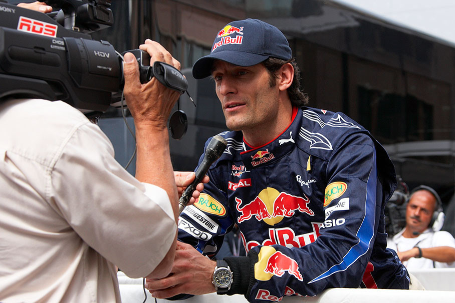 Polesetter Mark Webber is being interviewed