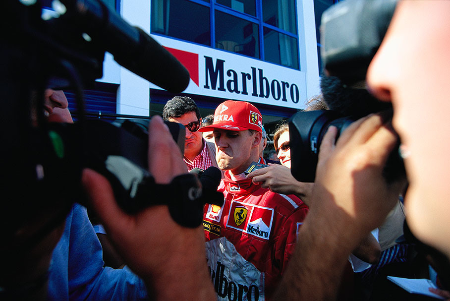 Michael Schumacher facing the press after the final race of the season 1997, the European Grand Prix at Jerez, Spain
