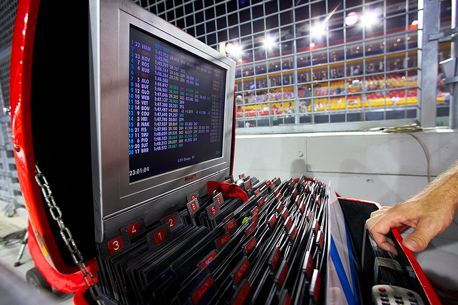 The organised box of Ferrari pitboard panels at pitwall signaling area, now even with its own official timing screen
