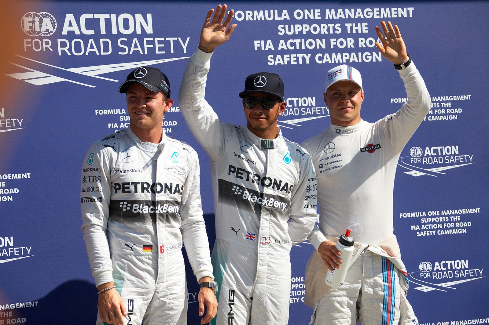 Top three drivers after qualifying: Nico Rosberg, as 2nd, pole setter Lewis Hamilton, and 3rd fastest Valtteri Bottas, Italian Grand Prix, Monza, 2014