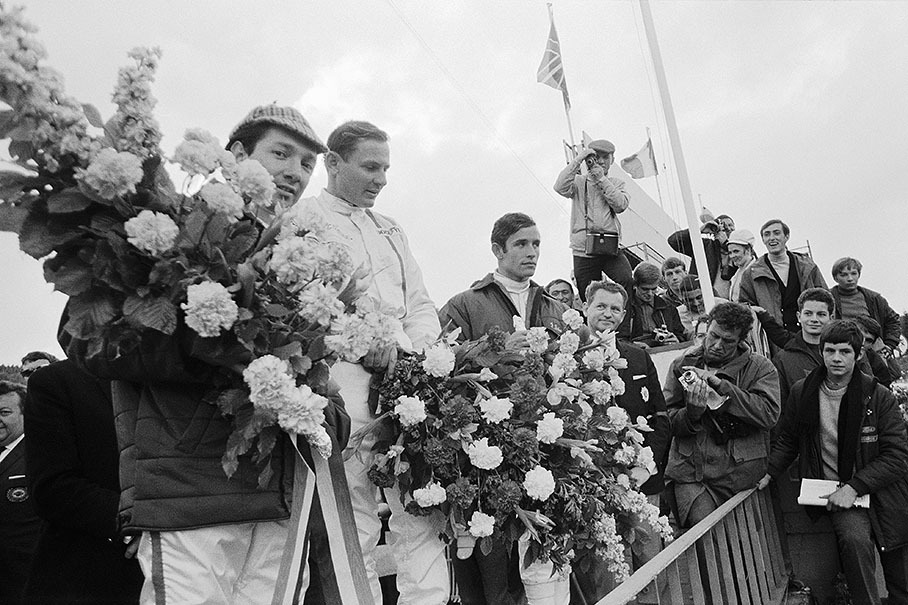 The top three of the Belgian Grand Prix 1968: Finishing 2nd Ricardo Rodriguez, winner Bruce McLaren and 3rd Jacky Ickx.