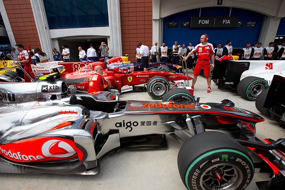 Parc ferme after qualifying, after Hamilton, Massa and Webber climbed out of their cars