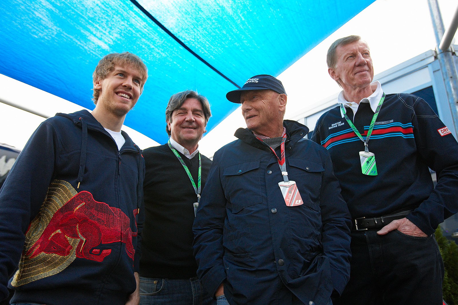 Sebastian Vettel, Christian Geistdoerfer, Niki Lauda and Walter Roehrl