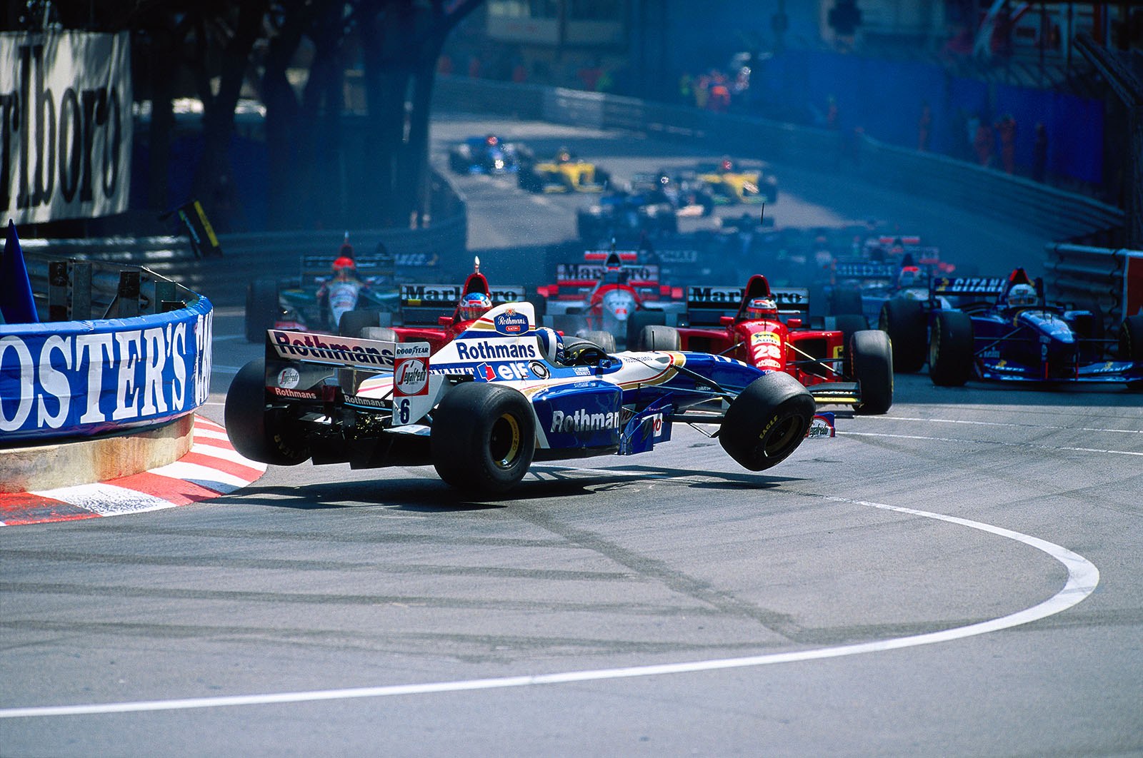 Accident at the start for the Monaco Grand Prix, 1995: David Coulthard, Williams-Renault, got squeezed beween both Ferraris of Berger and Alesi