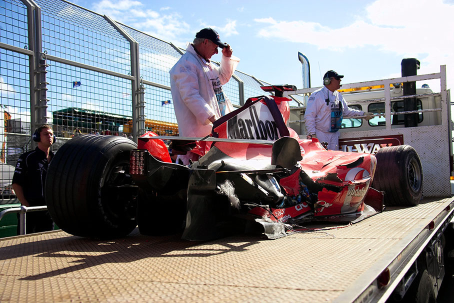 Felipe Massa's Ferrari back to the pits after his accident during the qualifying session Saturday afternoon