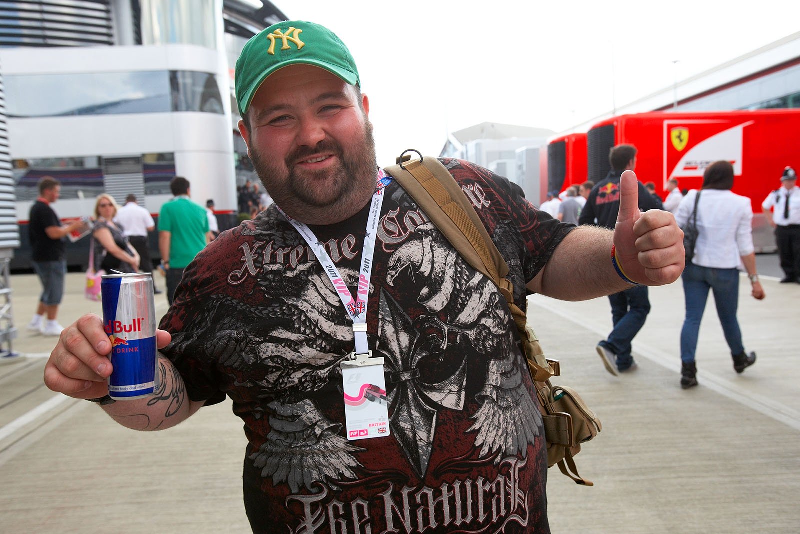 A Red Bull VIP poses with his favourite drink